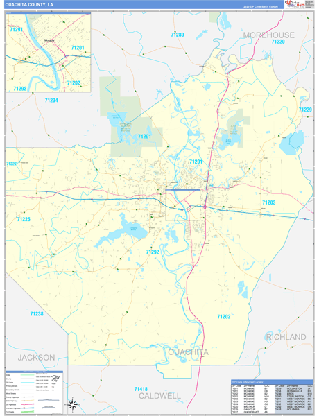 Ouachita Parish (County), LA Zip Code Wall Map