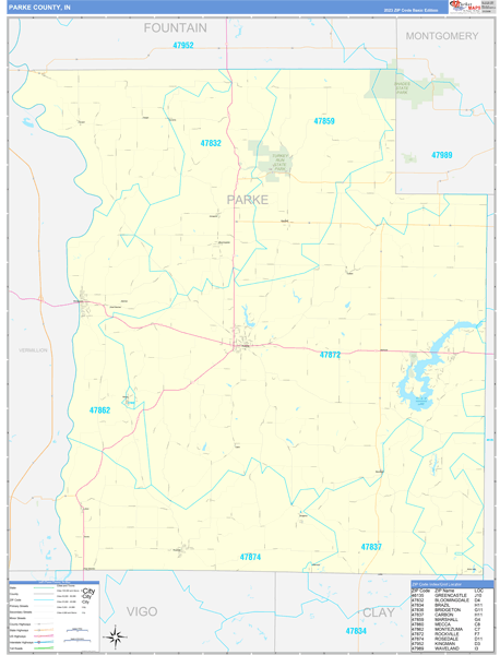 Parke County, IN Zip Code Wall Map