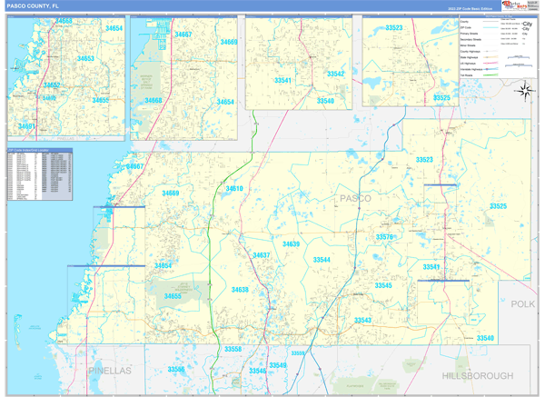 Zip Code Map Pasco County Pasco County, FL Zip Code Wall Map Basic Style by MarketMAPS