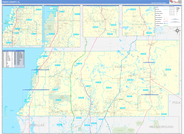 Pasco County Zip Code Map Pasco County, FL Zip Code Wall Map Basic Style by MarketMAPS