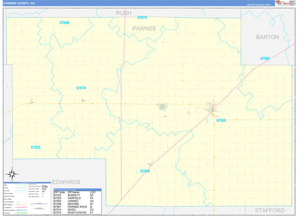 Pawnee County, KS Wall Map Basic Style