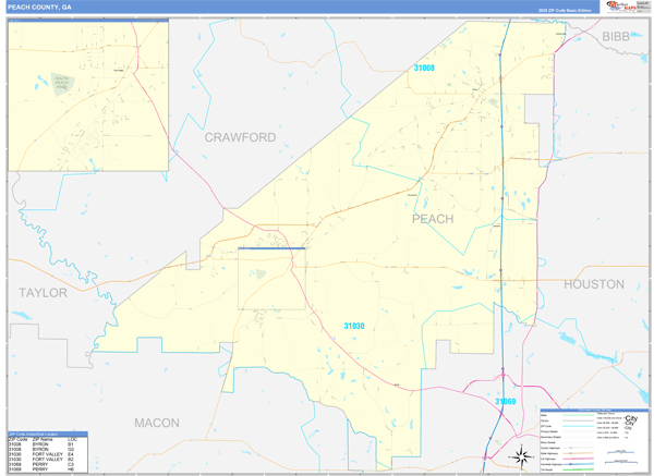 Peach County, GA Zip Code Wall Map