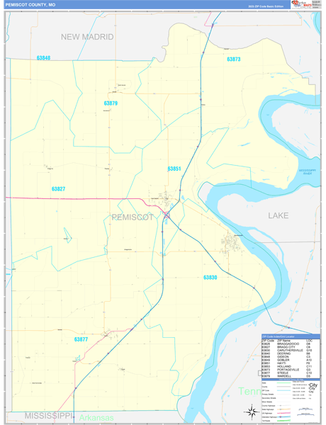 Pemiscot County, MO Zip Code Wall Map