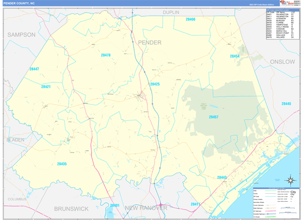 Pender County Wall Map Basic Style