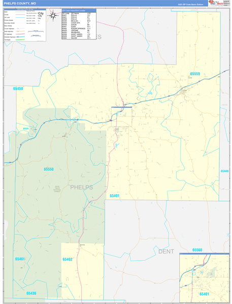 Phelps County, MO Zip Code Wall Map
