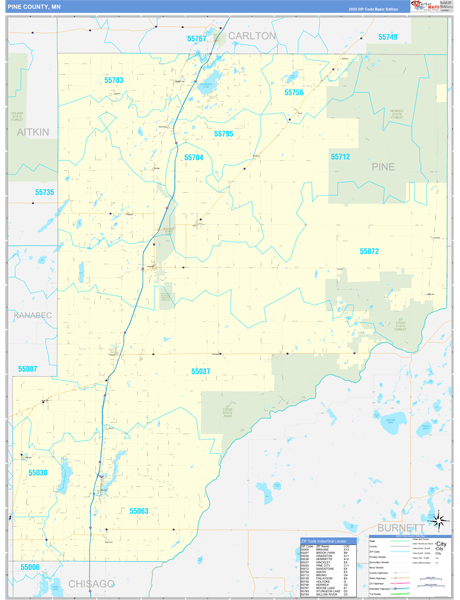 Pine County, MN Zip Code Wall Map