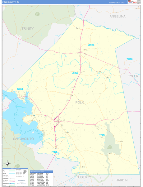 Polk County, TX Wall Map Basic Style