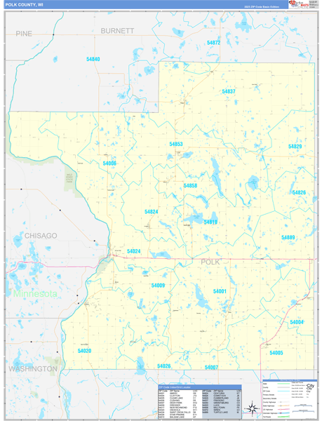 Polk County, WI Wall Map Basic Style