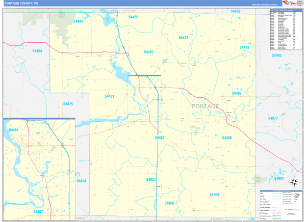 Portage County, WI Zip Code Wall Map