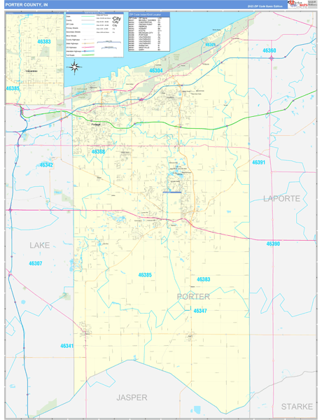 Porter County, IN Zip Code Wall Map
