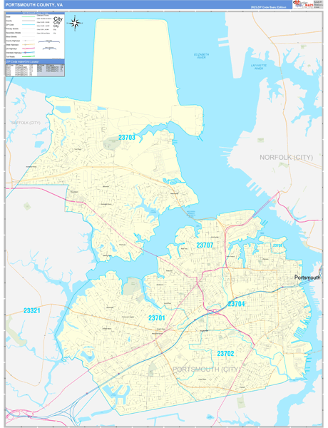 Portsmouth County, VA Zip Code Wall Map Basic Style by MarketMAPS ...