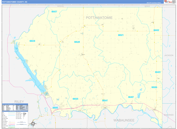Pottawatomie County, KS Wall Map Basic Style