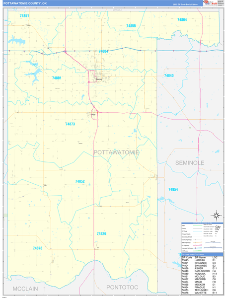 Pottawatomie County, OK Wall Map Basic Style