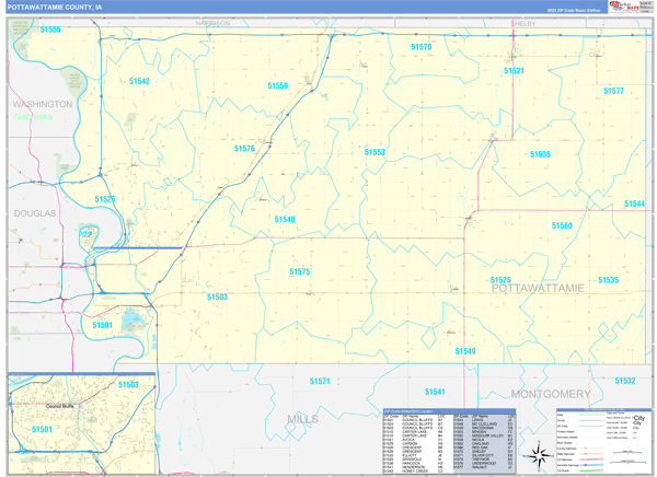 Pottawattamie County, IA Zip Code Wall Map