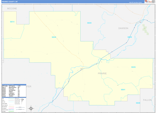 Prairie County, MT Zip Code Wall Map