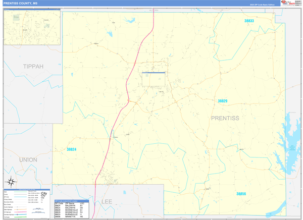 Prentiss County, MS Zip Code Wall Map
