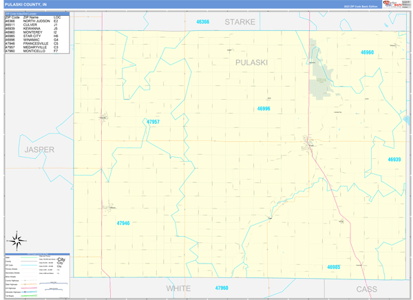 Pulaski County, IN 5 Digit Zip Code Maps - Basic