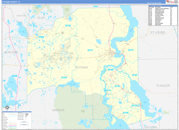 Putnam County, FL Zip Code Wall Map Basic Style by MarketMAPS - MapSales