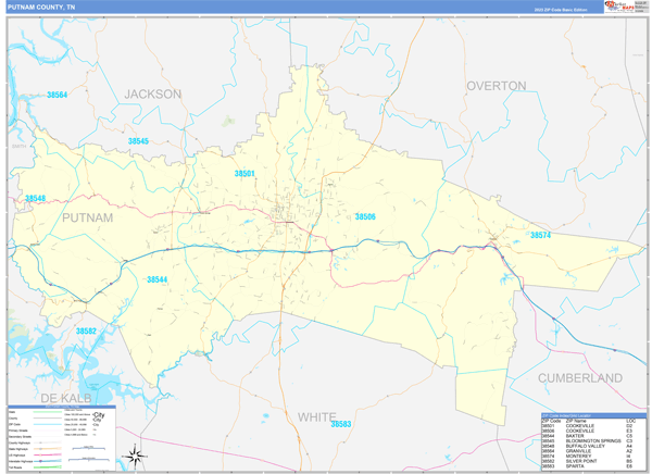 Putnam County, TN Zip Code Map