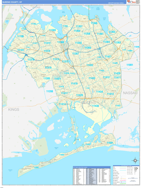 Queens County, NY Zip Code Wall Map