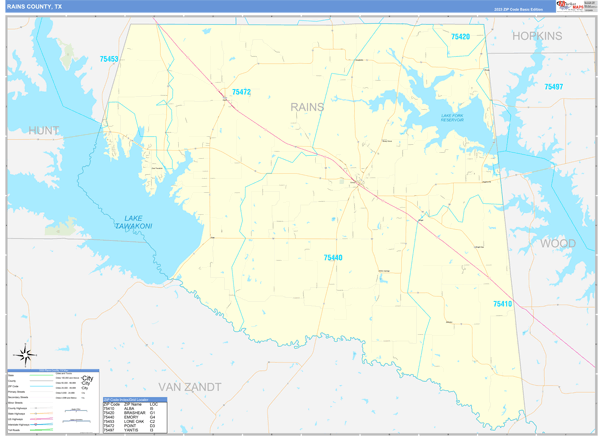 Rains County, TX Zip Code Wall Map