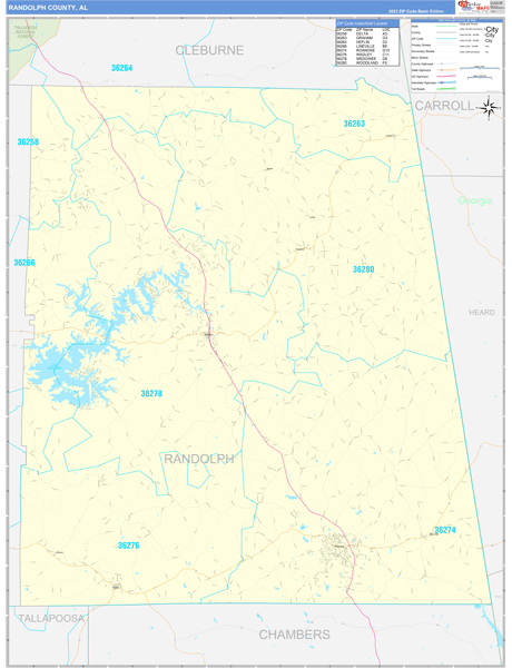 Randolph County, AL Zip Code Wall Map