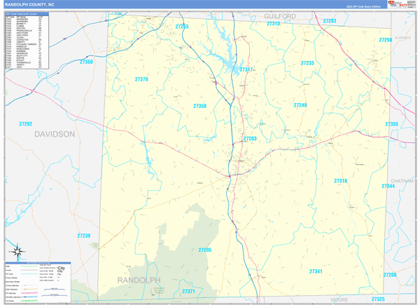 Randolph County, NC Zip Code Wall Map Basic Style by MarketMAPS - MapSales