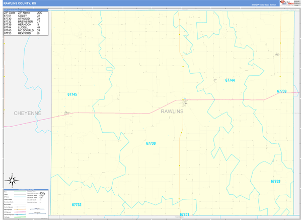 Rawlins County, KS Zip Code Wall Map