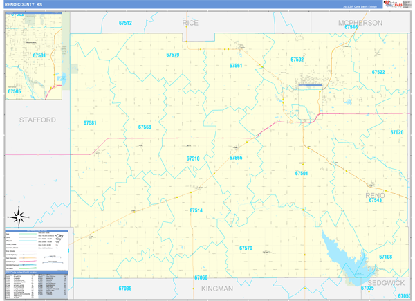 Reno County, KS Zip Code Wall Map