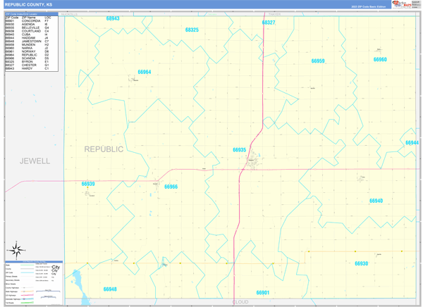 Republic County, KS Zip Code Wall Map