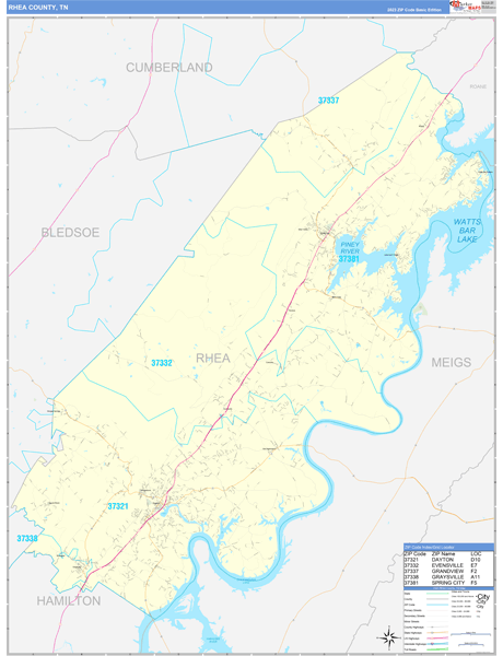 Rhea County, TN Wall Map Basic Style