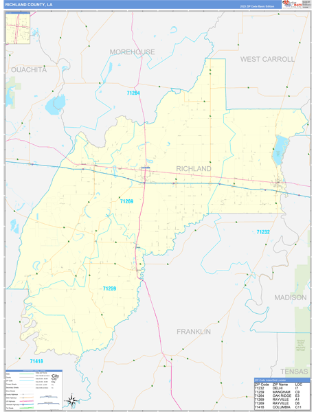 Richland Parish (County), LA Zip Code Wall Map