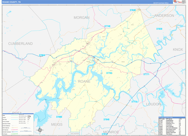 Roane County, TN Zip Code Wall Map