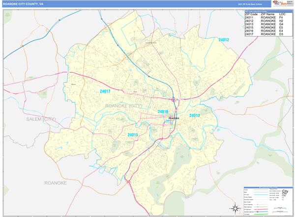 Roanoke City County, VA Zip Code Wall Map Basic Style by MarketMAPS ...