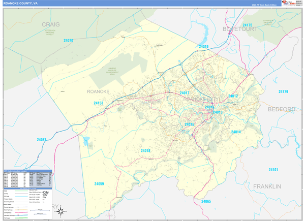 Roanoke County, VA Zip Code Wall Map
