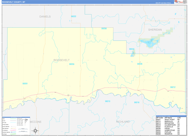 Roosevelt County, MT Zip Code Map