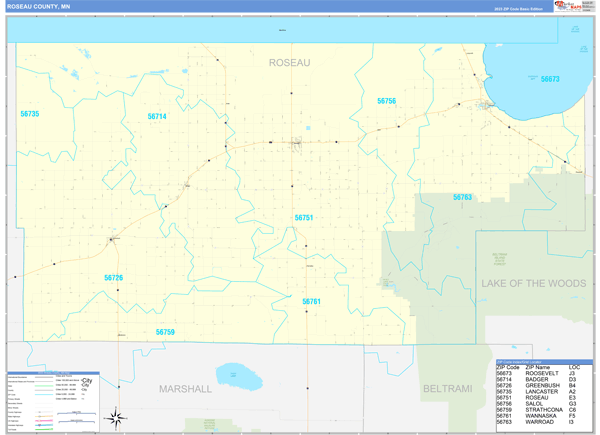 Roseau County, MN Zip Code Wall Map
