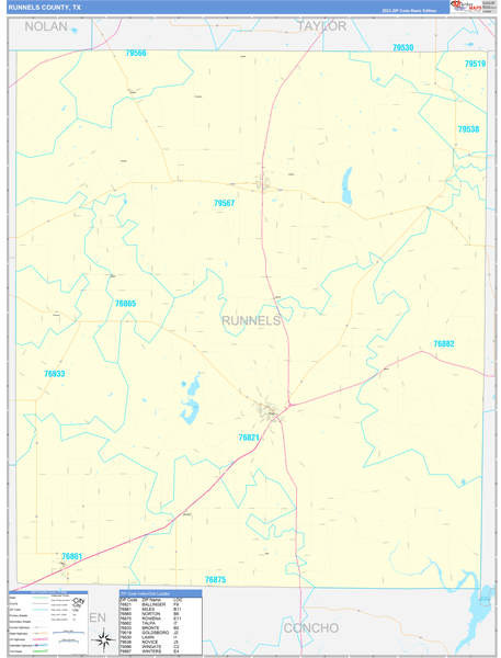 Runnels County, TX Zip Code Wall Map