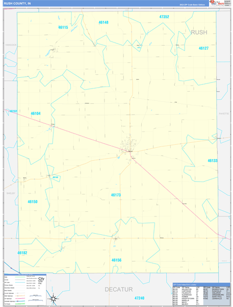 Rush County, IN Zip Code Wall Map
