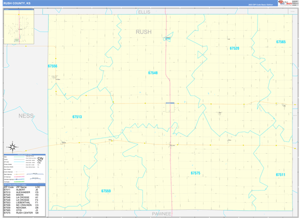 Rush County Wall Map Basic Style