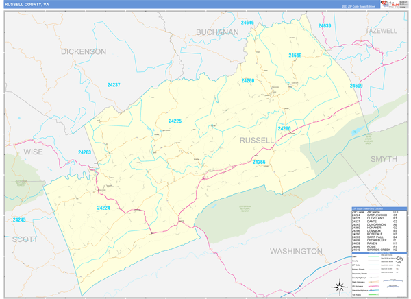 Russell County, VA Zip Code Wall Map