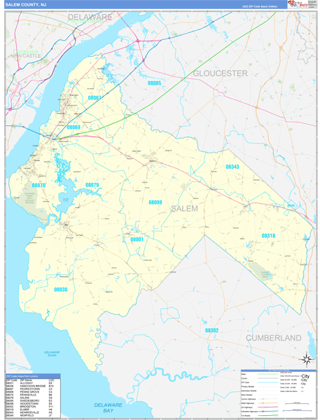 Salem County, NJ Zip Code Wall Map