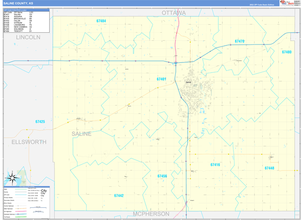 Saline County, KS Wall Map Basic Style