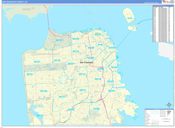 San Francisco County, CA Zip Code Wall Map Basic Style by MarketMAPS