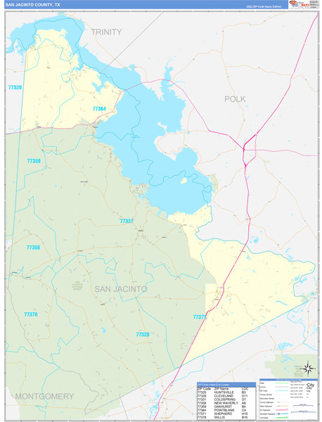 San Jacinto Zip Code Map San Jacinto County, TX Zip Code Wall Map Basic Style by MarketMAPS