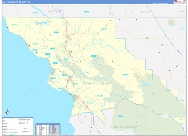 San Luis Obispo Zip Code Map San Luis Obispo County, CA Zip Code Wall Map Basic Style by MarketMAPS