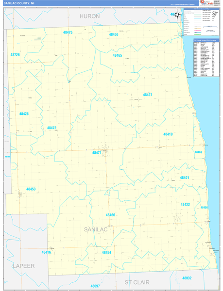 Sanilac County, MI Zip Code Wall Map