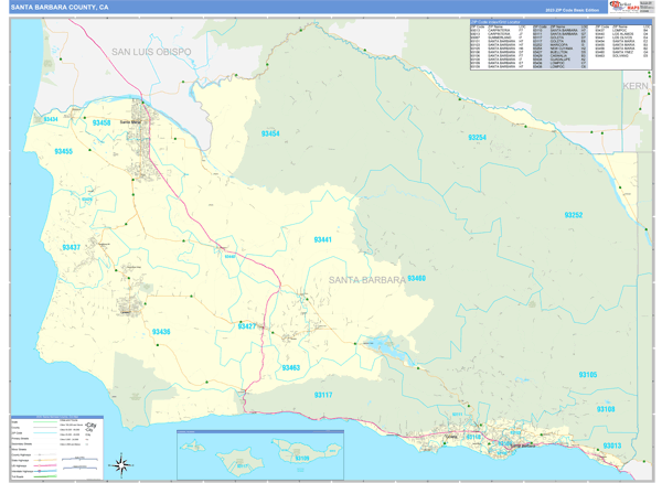 Santa Barbara County, CA Zip Code Wall Map Basic Style by MarketMAPS
