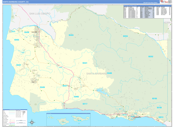 santa barbara ca zip code map Santa Barbara County Ca Zip Code Wall Map Basic Style By Marketmaps santa barbara ca zip code map