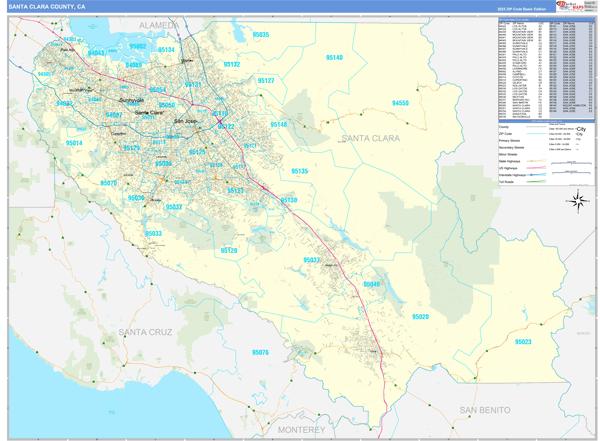 Santa Clara County Ca Zip Code Wall Map Basic Style By Marketmaps